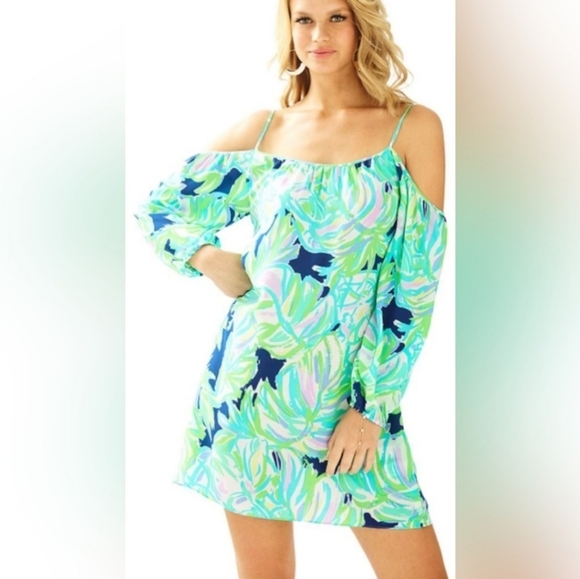 Lilly Pulitzer Candice Open Shoulder Dress In Resort Navy Uptown Trunk.Size med - Picture 3 of 8